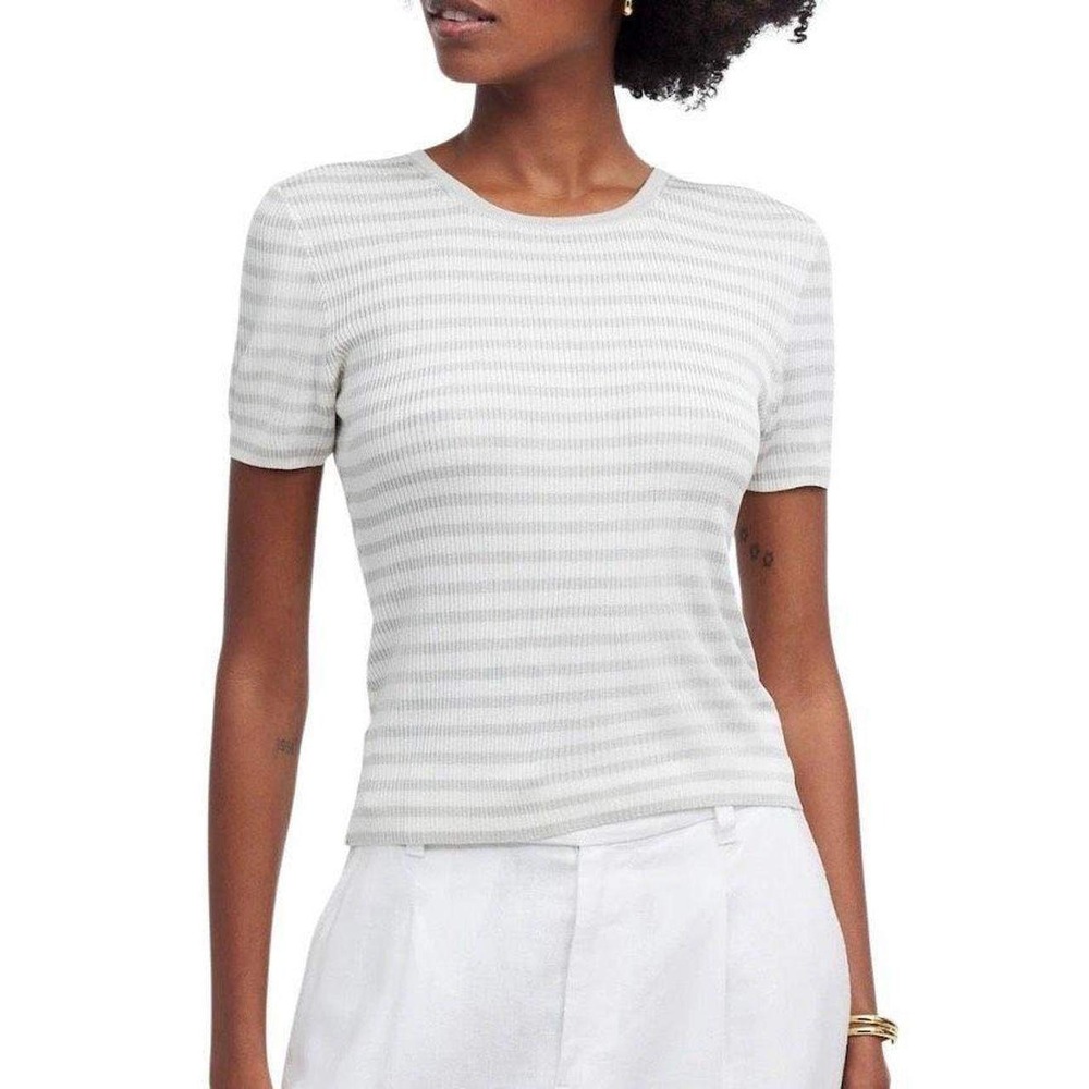 Madewell Short-Sleeve Crewneck Ribbed Stripe Tee in White and Light Gray